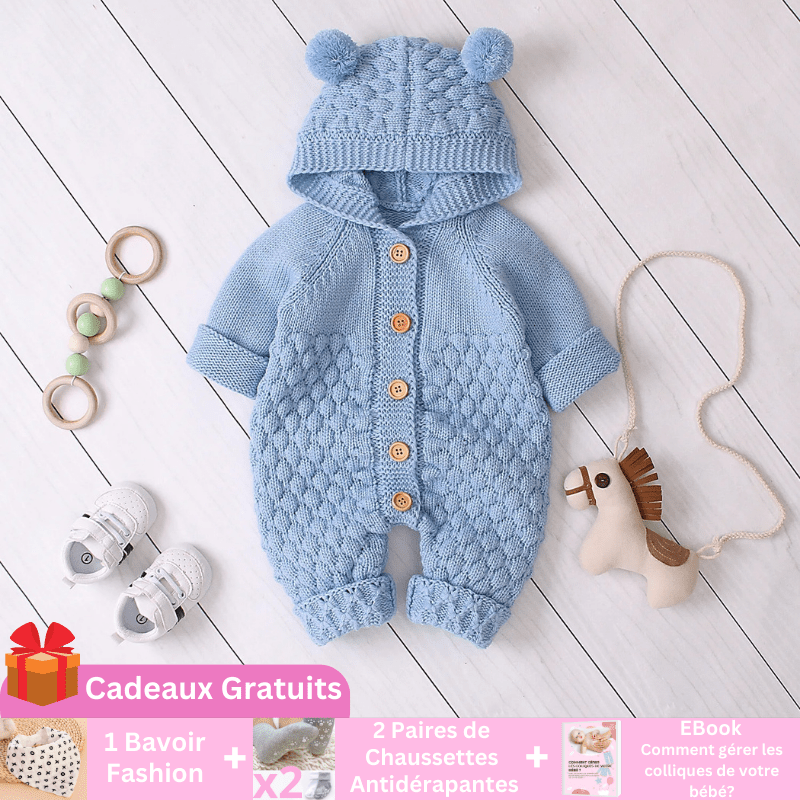 BabyBear | La Barboteuse Ourson Entre Bébé et Moi Barboteuse Bleue + 1 Bavoir Fashion + 2 Paires de Chaussettes Antidérapante + 1 Ebook 0-6M