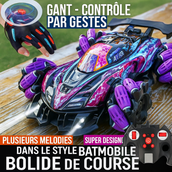 voiture télécommandée à contrôle gestuel avec gant, LED, couleur violette, roues mecanum