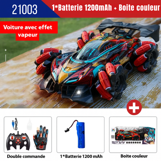Voiture télécommandée effet vapeur rouge 21003, double commande gant et télécommande, avec batterie 1200 mAh et boîte couleur