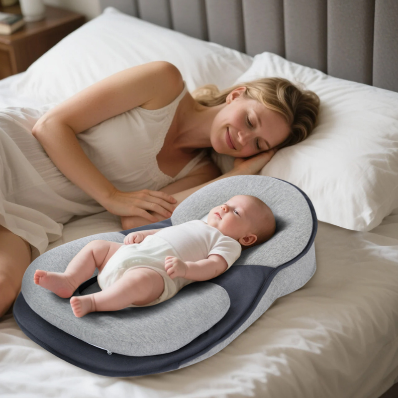 Bébé épanoui et détendu sur coussin incliné dans lit, solution confort et tranquillité pour parents et enfant
