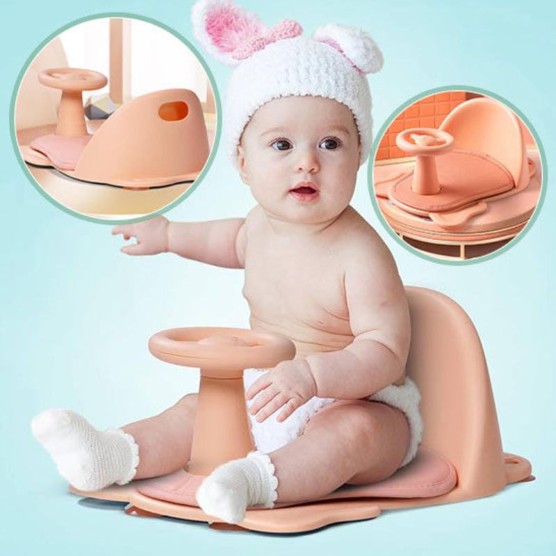 Bébé assis dans siège de bain rose avec dossier ergonomique et volant - confort et sécurité optimaux