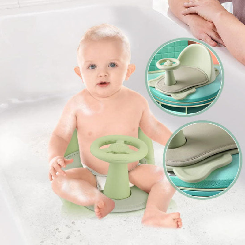 Bébé utilisant siège de bain vert dans l'eau - sécurité aquatique et design ergonomique