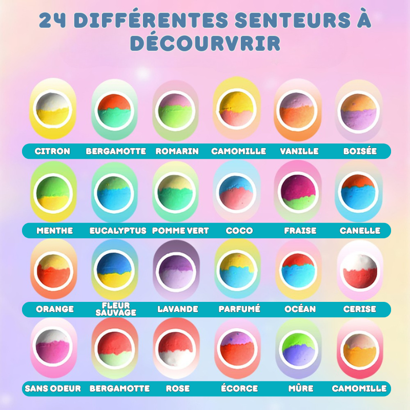 Guide des 24 senteurs naturelles des bombes de bain bébé : citron, bergamotte, camomille, vanille, lavande et autres essences douces