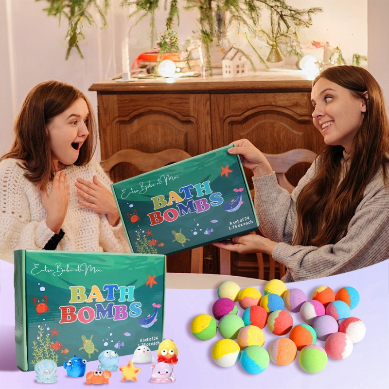 Deux mamans partageant un moment de bonheur autour du coffret bombes de bain bébé, idée cadeau parfaite
