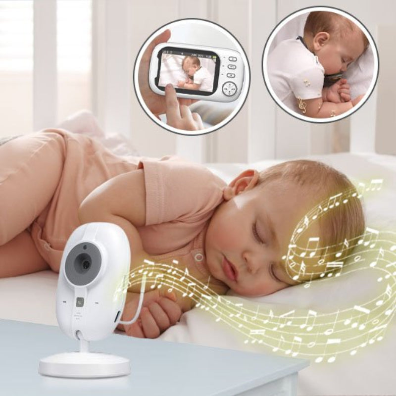 Camera bebe avec fonction berceuse surveillant un bébé endormi dans son lit, écran de contrôle vidéo intégré