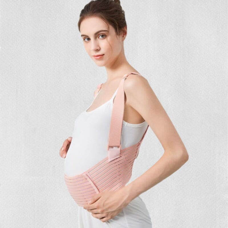 Femme enceinte portant ceinture grossesse ergonomique vue profil, démonstration système bretelles soutien optimal