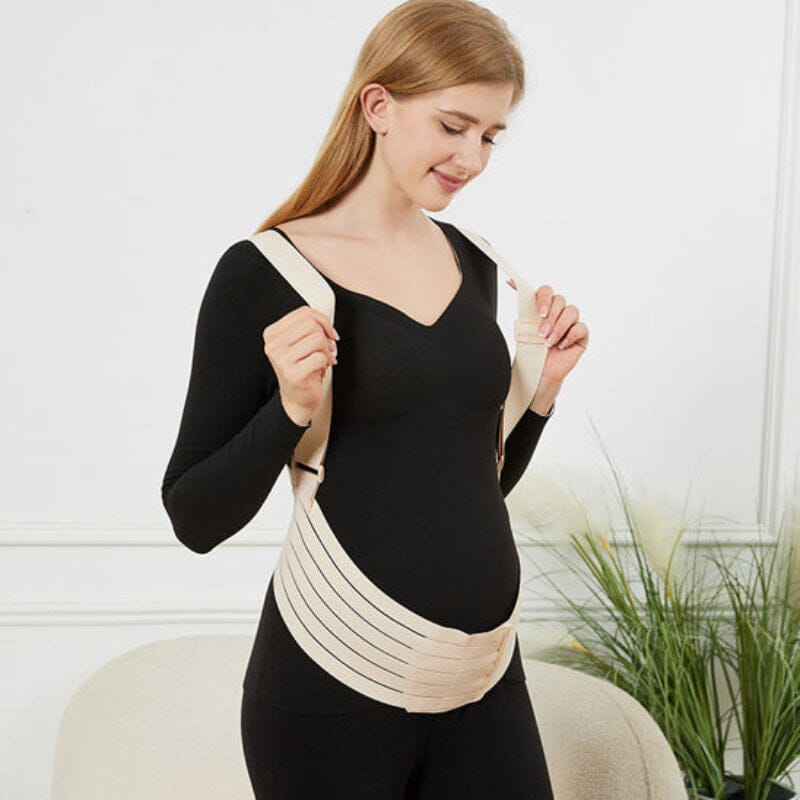 Ceinture soutien maternité beige discrète, port sous vêtements noirs, ajustement personnalisé et confort discret