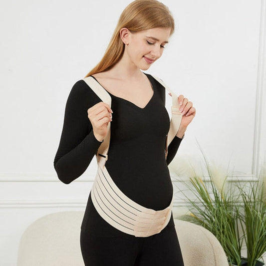 Ceinture soutien maternité beige discrète, port sous vêtements noirs, ajustement personnalisé et confort discret