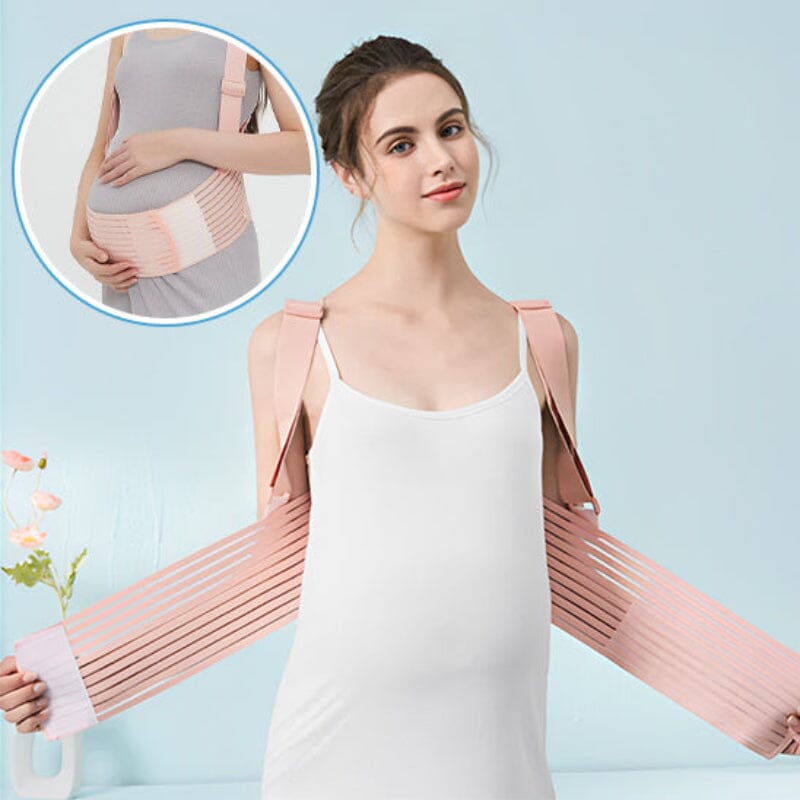 Ceinture de soutien maternité rose multi-sangles élastiques ajustables, système modulaire personnalisé anti-douleurs grossesse avec insert démonstration usage