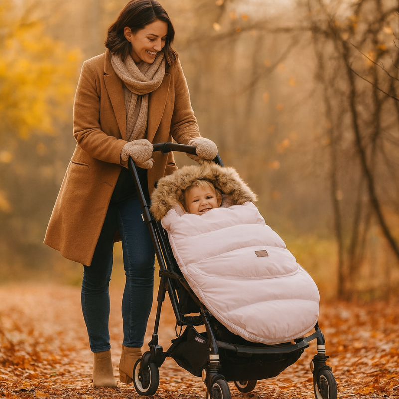Chanceliere rose poudrée automne promenade exterieur feuilles poussette fourrure
