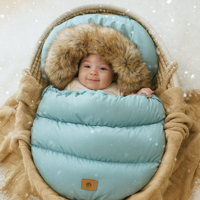Chanceliere bleu ciel bebe souriant neige hiver doublure fourrure confort