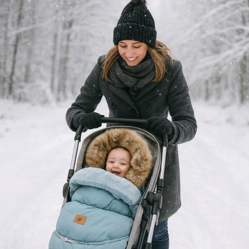 Chanceliere bleue hiver maman poussette neige exterieur capuche fourrure