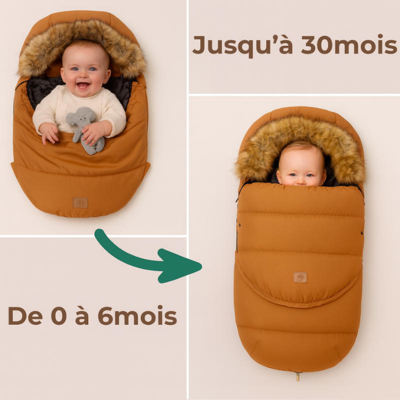 Chanceliere camel marron pour bébé hiver 0 à 30 mois avec capuche fourrure