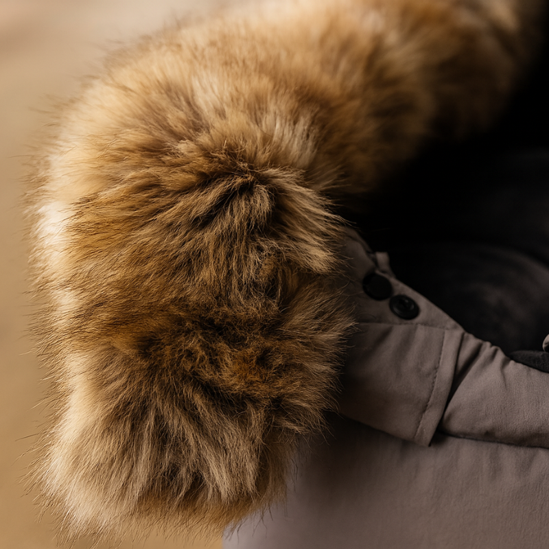 Detail capuche fourrure de chanceliere offrant chaleur et confort premium pour bebe