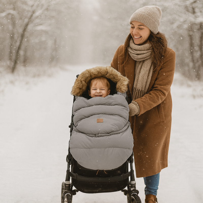 Chanceliere grise hiver promenade neige exterieur poussette maman bebe
