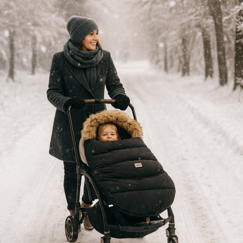 Chanceliere noire hiver bebe poussette exterieur neige fourrure capuche