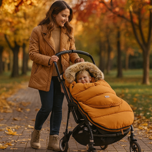 Chanceliere orange automne exterieur feuilles poussette maman bebe chaleur