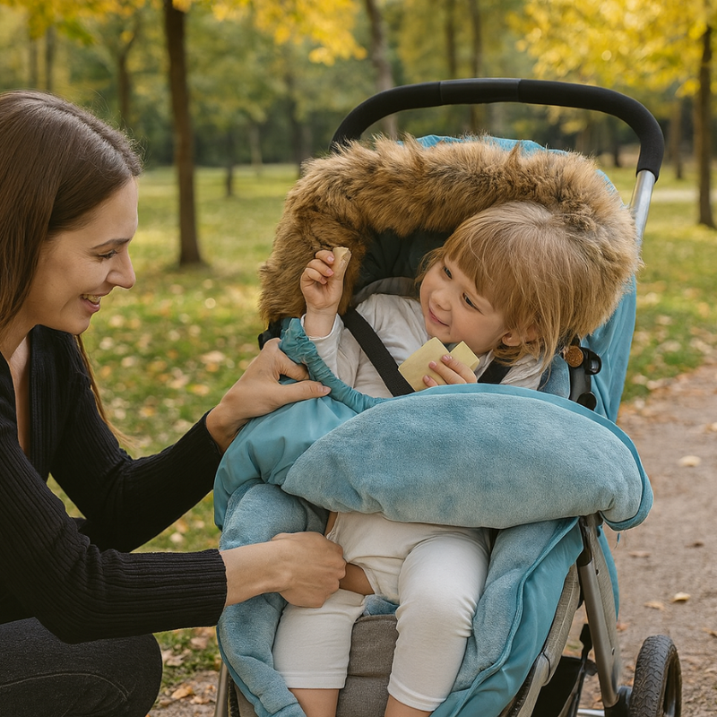 Chanceliere bleue installee dans poussette avec capuche fourrure pour sorties hivernales