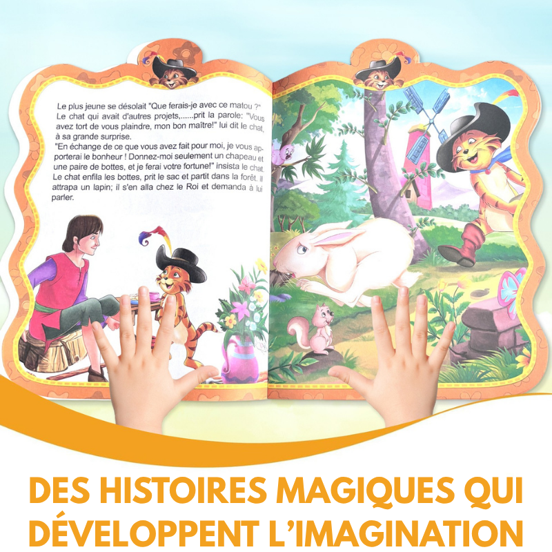 Enfant lisant livre Chat Botté ouvert, histoires magiques développent imagination, illustrations colorées personnages, texte français adapté enfants 3-8 ans