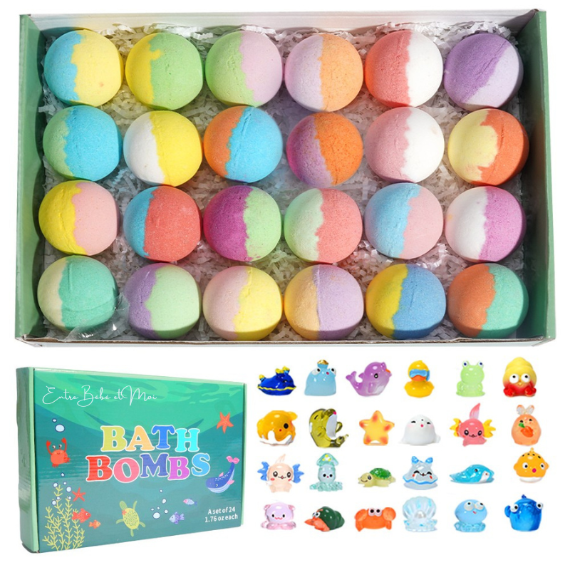 Coffret cadeau premium contenant 24 bombes de bain colorées pour bébé avec jouets surprises, emballage élégant