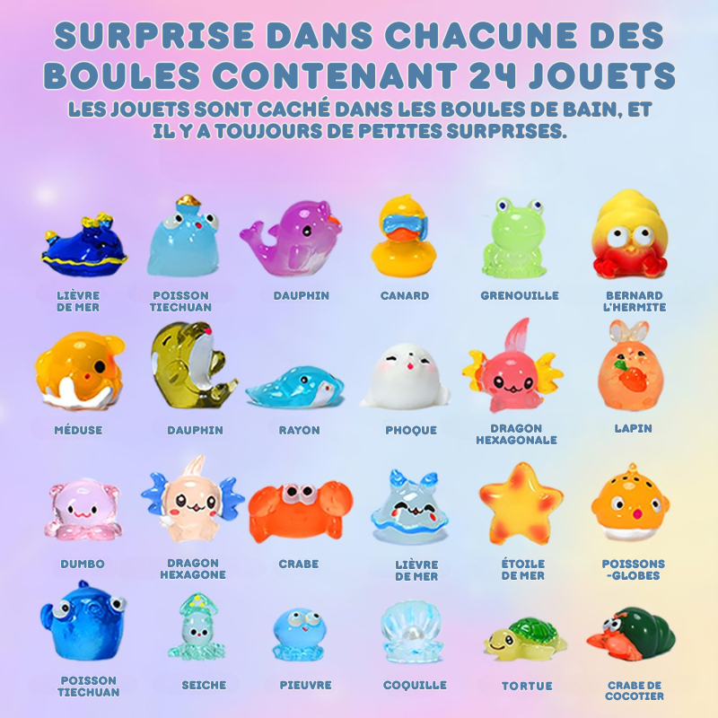 Collection complète des 24 jouets surprises cachés dans les bombes de bain : dauphin, grenouille, canard, poissons colorés