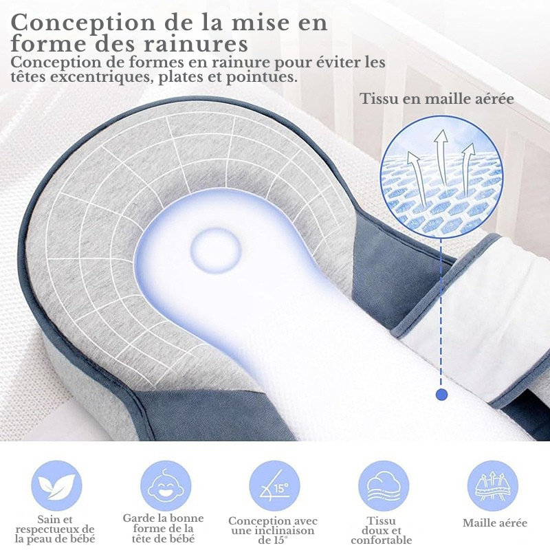 Design rainures coussin anti-tête plate : tissu maille aérée, forme tête bébé, inclinaison 15°, douceur et confort