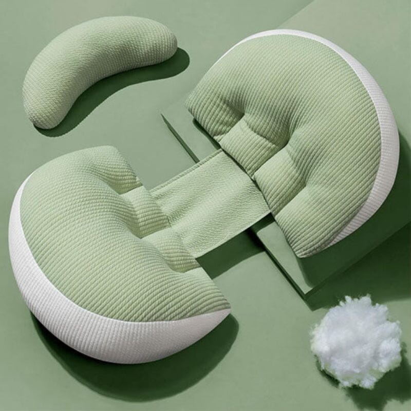 Coussin de maternité en U vert sauge avec finitions blanches, tissu côtelé de qualité premium et rembourrage moelleux hypoallergénique