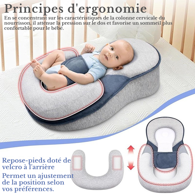 Principes ergonomiques coussin bébé : support colonne cervicale, repose-pieds ajustable velcro, confort optimal sommeil