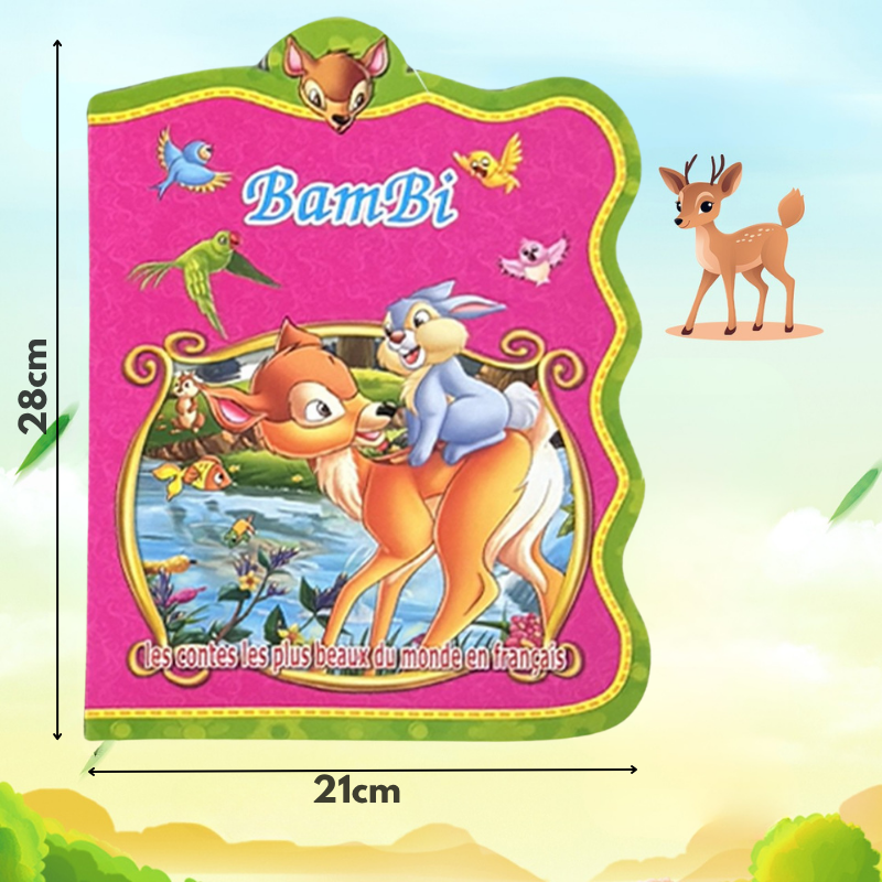 Livre pour enfants Bambi format 21cm x 28cm, couverture illustrée avec Bambi et lapin, bordure colorée verte et rose, collection contes classiques français pour enfants 3-8 ans