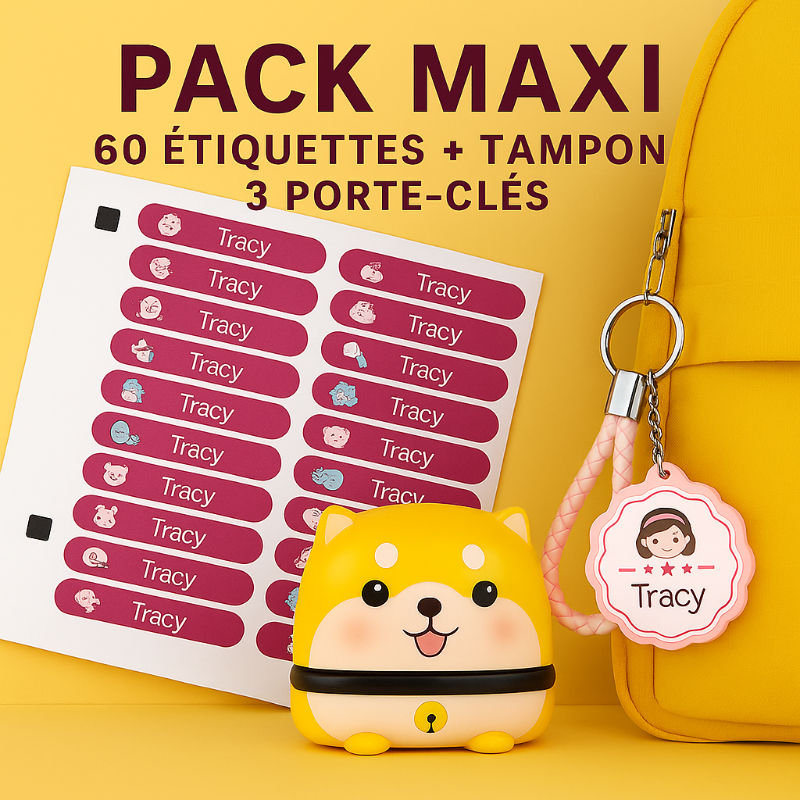 Pack Maxi avec 60 étiquettes, tampon et 3 porte-clés personnalisés prénom Tracy, design rose pour fille, école et crèche