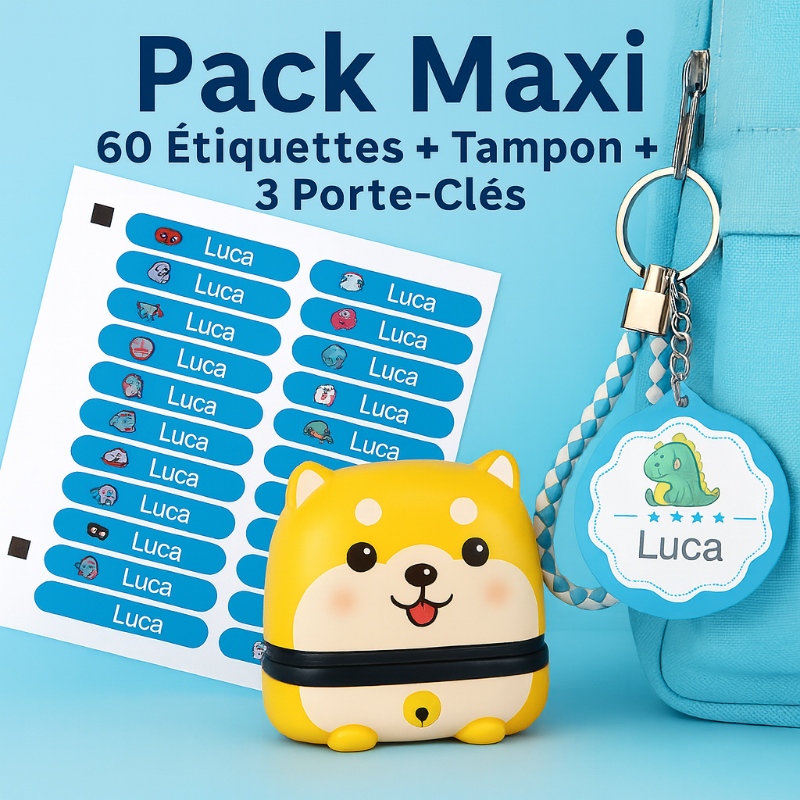 Pack Maxi avec 60 étiquettes, tampon et 3 porte-clés personnalisés prénom Lucas, design bleu pour garçon, rentrée scolaire