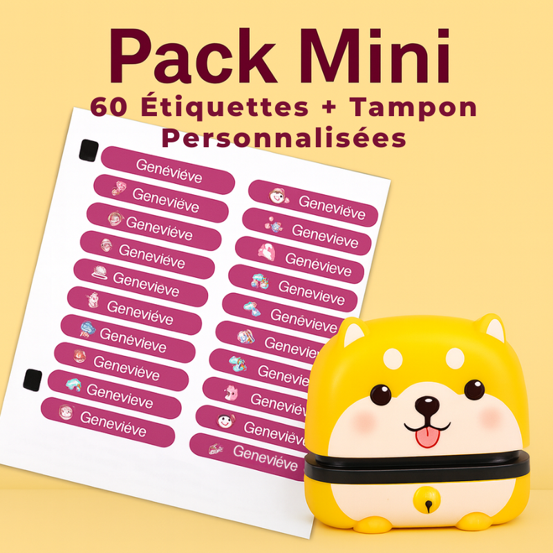 Pack Mini avec 60 étiquettes autocollantes et tampon personnalisé prénom Tracy, design rose pour fille, rentrée scolaire