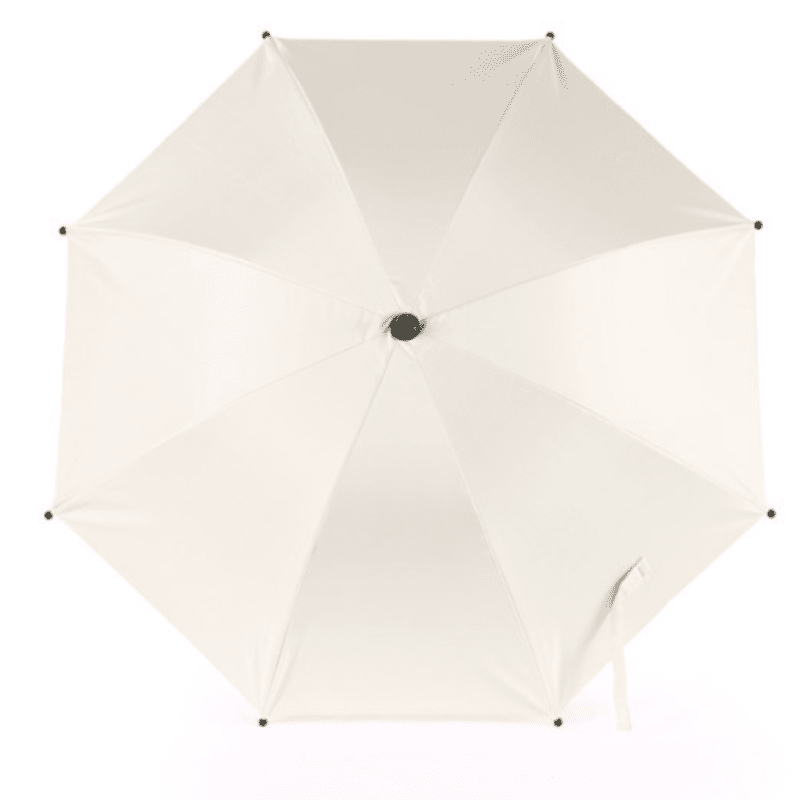 Parapluie pare-soleil blanc crème pour poussette vu du dessus, design octogonal avec baleines renforcées et mécanisme de fixation central