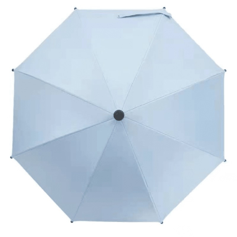 Parapluie pare-soleil bleu clair pour poussette vu du dessus, structure octogonale avec baleines solides et finitions arrondies