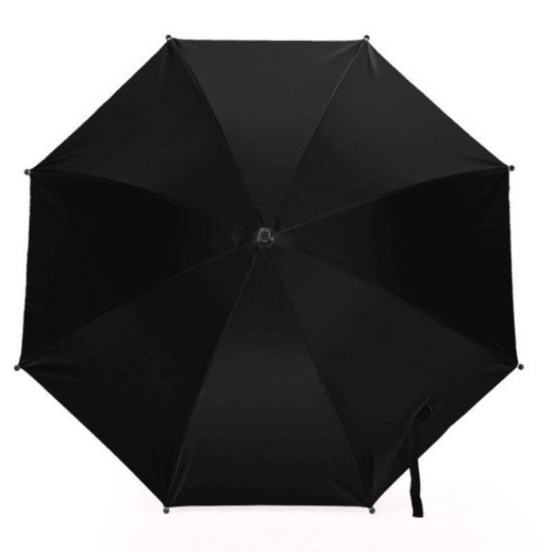 Parapluie pare-soleil noir pour poussette vu du dessus, structure octogonale 8 segments avec mécanisme central et sangle de fermeture