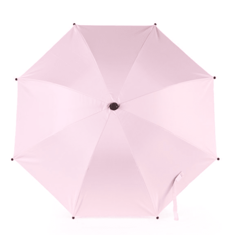 Parapluie pare-soleil rose pâle pour poussette vu du dessus, forme octogonale délicate avec 8 segments et sangle assortie