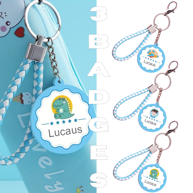 Porte-clé personnalisé pour enfant avec prénom Lucas, motifs dinosaure, avion et garçon, idéal pour cartable et accessoires