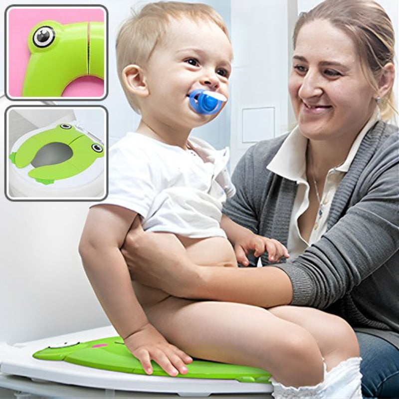 Réducteur de toilette pliable avec maman accompagnant bébé, design grenouille sécurisé pour apprentissage en douceur