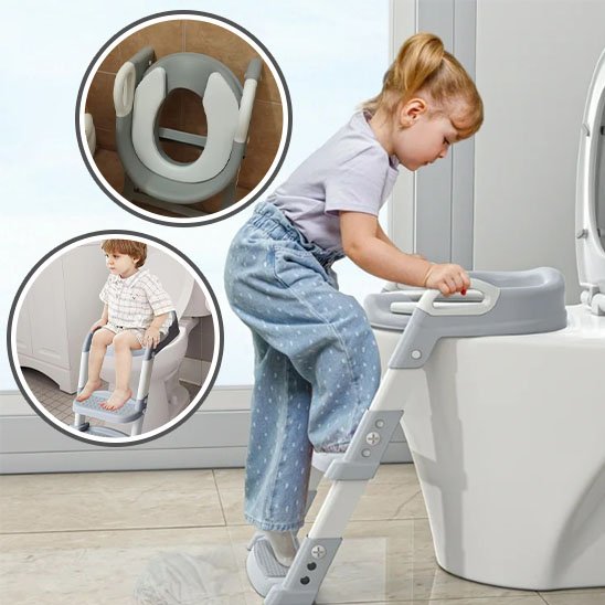 Réducteur de toilette design moderne blanc et gris, fillette en salopette jean, échelle pliable et siège rembourré