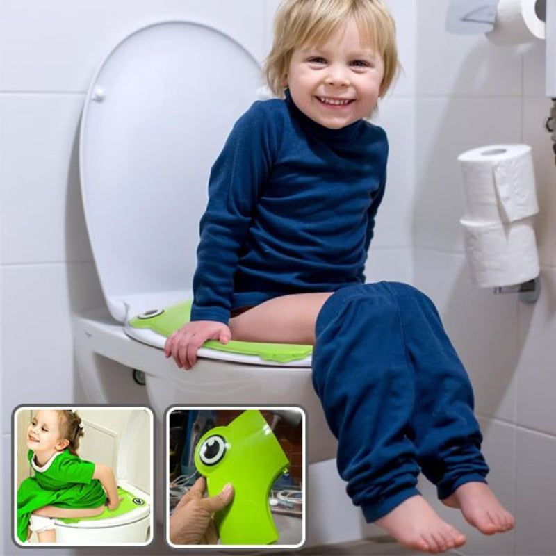 Réducteur de toilette pliable design grenouille, enfant blonde utilisant en autonomie, fonctionnalité portable pratique