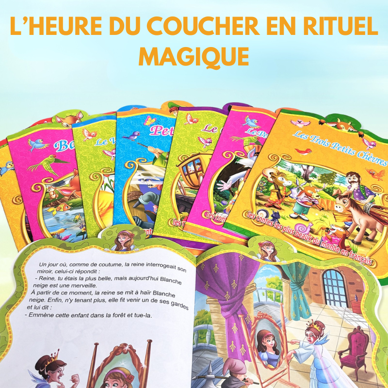 Livres contes ouverts pour rituel coucher magique enfants, collection histoires illustrées Blanche-Neige Peter Pan, moments lecture parent-enfant tradition familiale