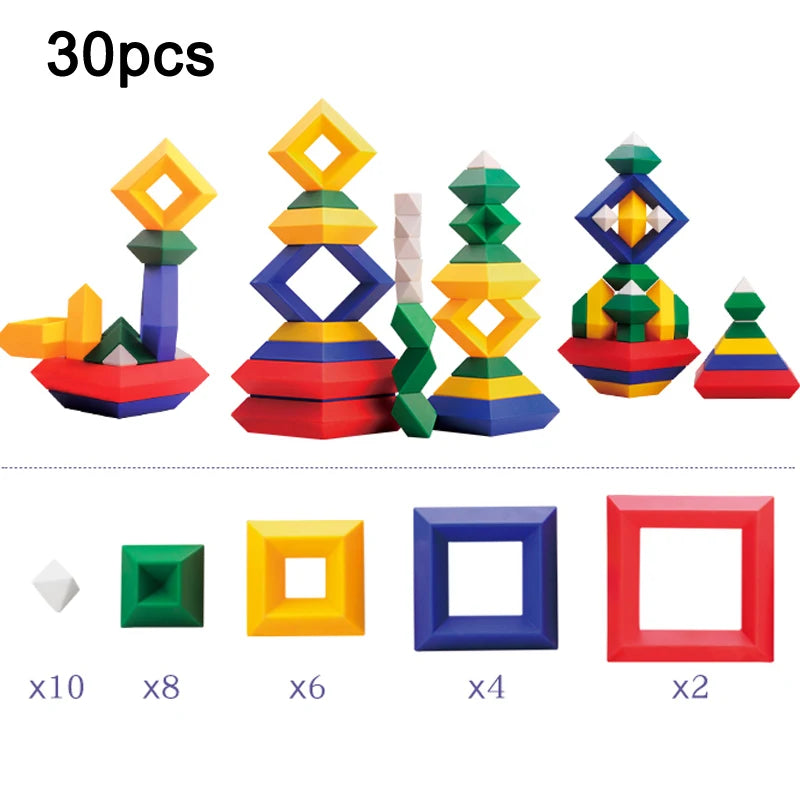 Set de 30 pièces de blocs de construction géométriques comprenant pyramides, cubes et cadres carrés en différentes couleurs avec inventaire détaillé