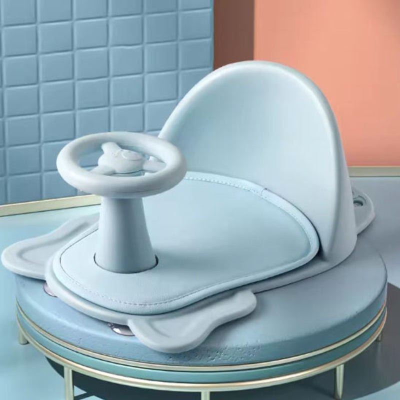 Siège de bain bébé bleu ergonomique avec volant interactif et ventouses anti-dérapantes pour sécurité maximale
