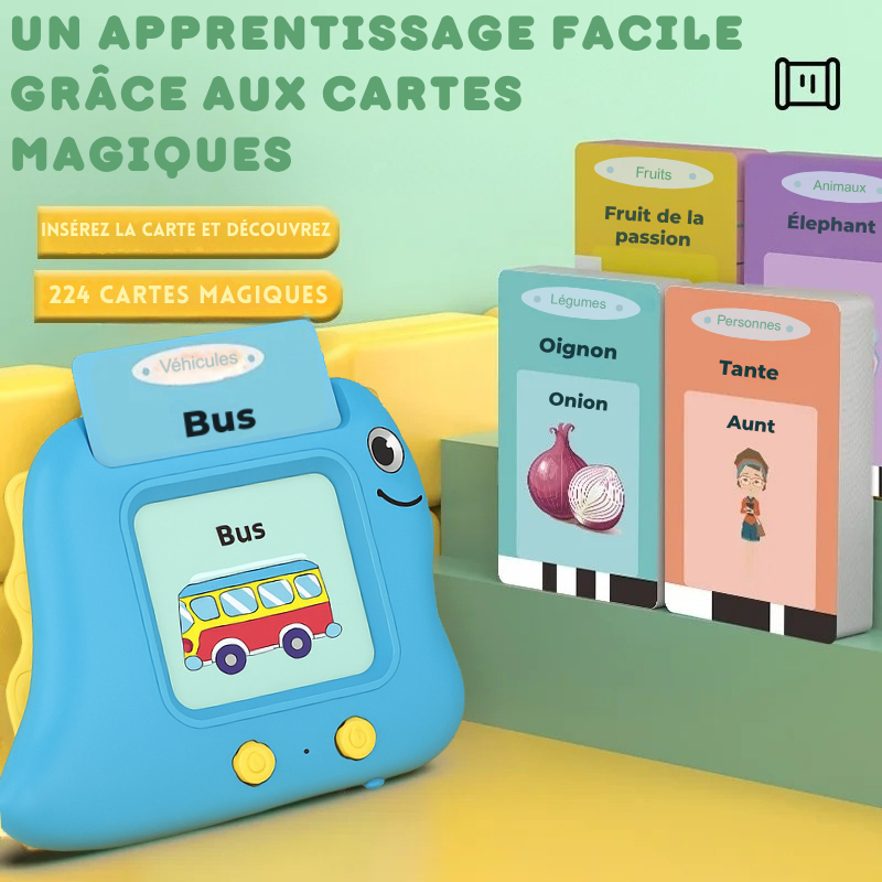Machine d'apprentissage SMARTINO bleue avec cartes interactives - Éducation précoce bilingue français anglais sans écran