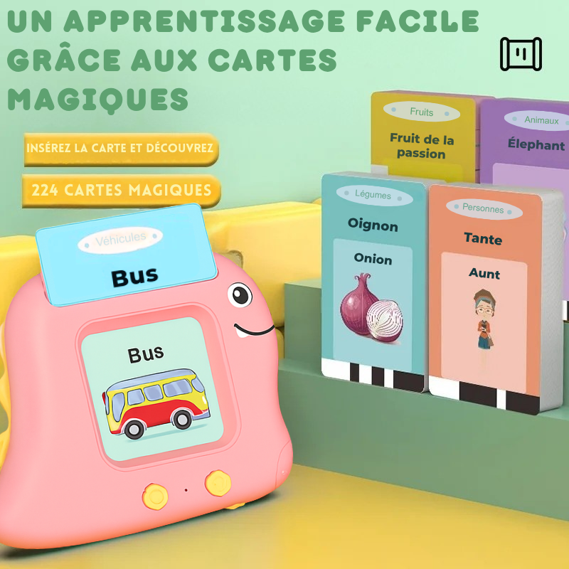 Machine éducative interactive SMARTINO rose avec cartes d'apprentissage bilingue pour enfants 3 ans - Dispositif pédagogique véhicules et vocabulaire