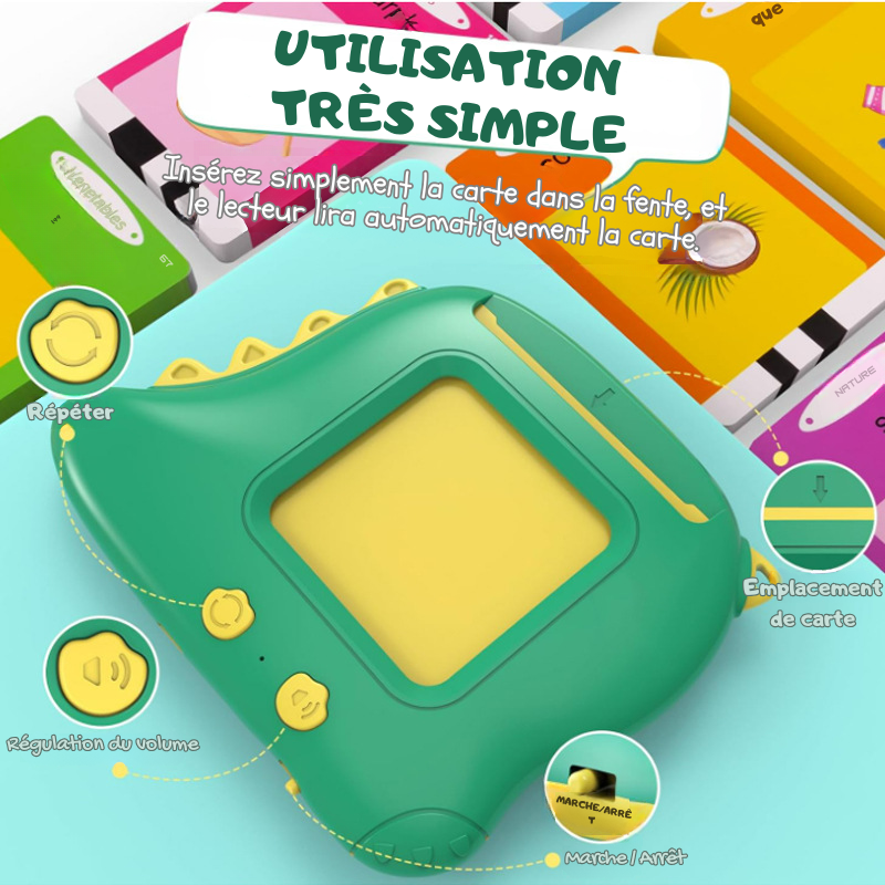 Utilisation très simple SMARTINO - Enfant utilise lecteur de cartes interactif avec boutons répéter volume et marche arrêt