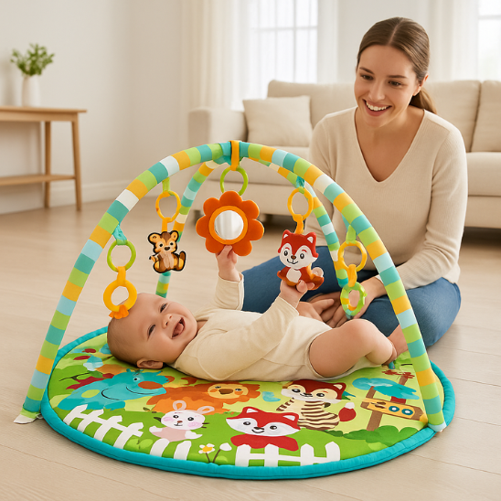 tapis d'éveil avec un bébé couché sur le tapis et la maman à coté du tapis