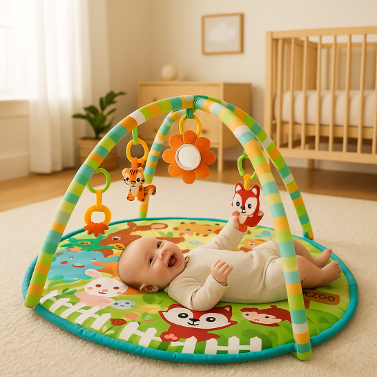 tapis d'éveil avec un bébé couché sur le dos sur le tapis