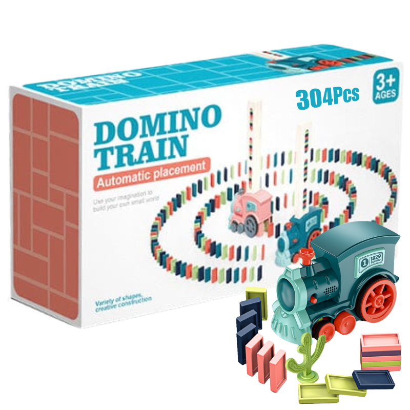 Train domino électrique automatique bleu 304 pièces avec locomotive bleue et accents rouge-turquoise, jeu éducatif placement automatique pour enfants 3 ans et plus