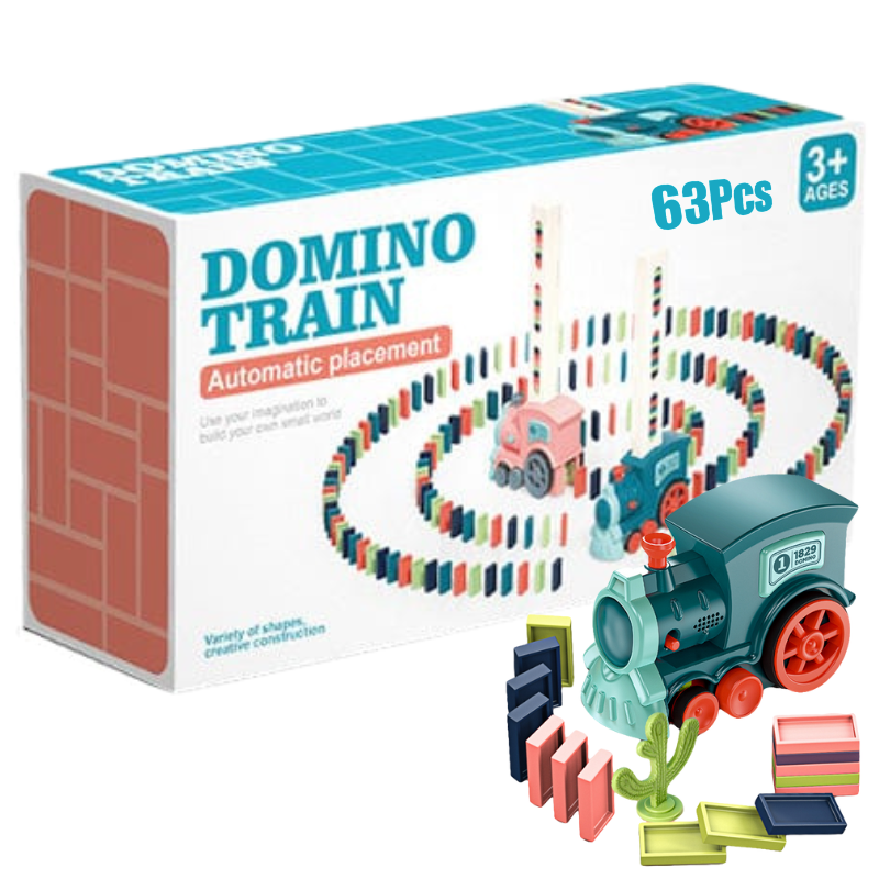 Train domino électrique automatique bleu 63 pièces avec locomotive bleue, dominos multicolores et accessoires, jouet éducatif automatique pour enfants 3 ans et plus